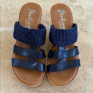 Italina Blue and Brown Slide Sandals with Woven Straps